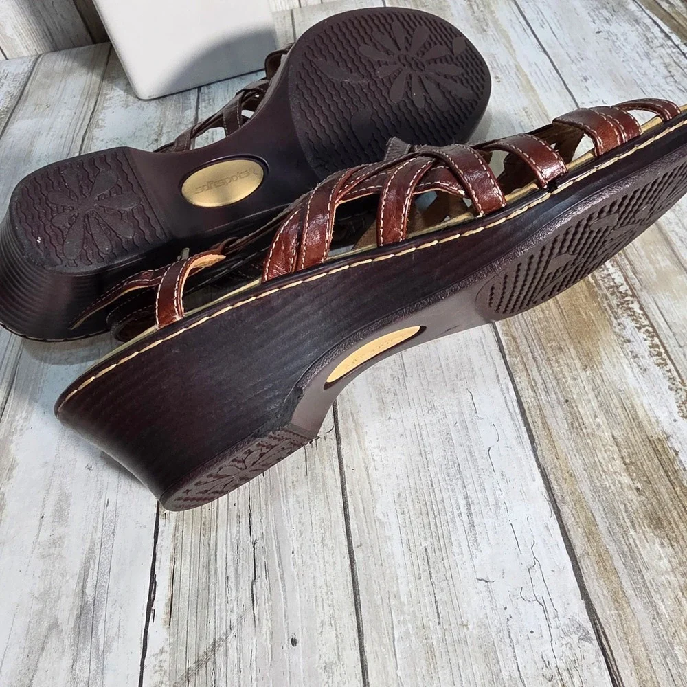 Softspots Womens Burgundy Brown Leather Strappy Wedge Slingback Sandals Size 9M